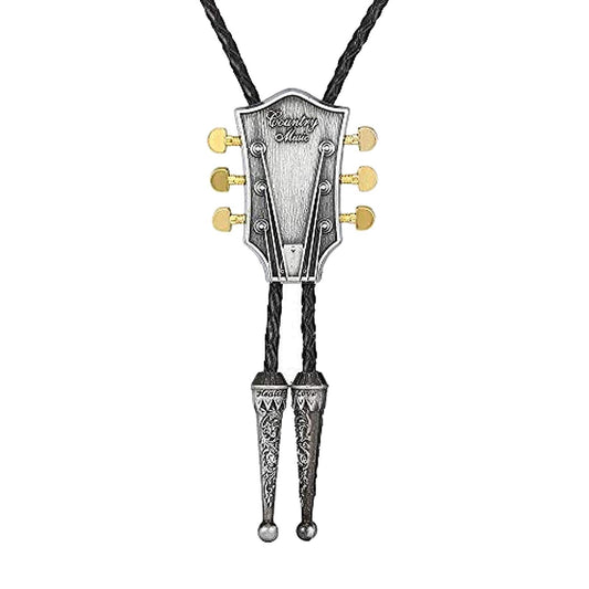 Guitar Head Bolo Tie Wedding Necklace PU Leather Rope Western Cowboy Silver