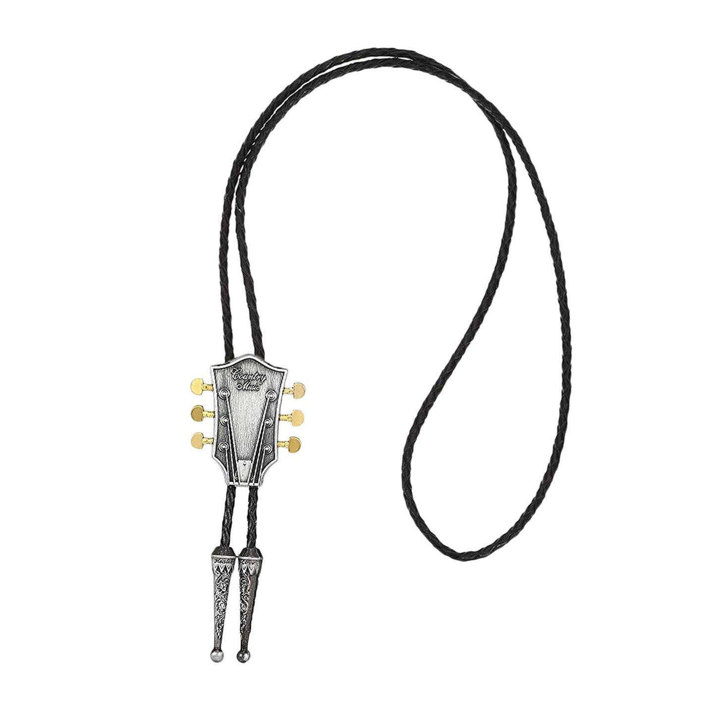 Guitar Head Bolo Tie Wedding Necklace PU Leather Rope Western Cowboy Silver