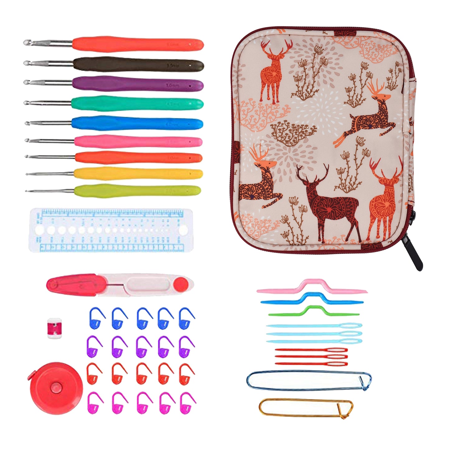 45PCS Crochet Hooks Knitting Needle Gauge Sewing Tool Set Sika Deer