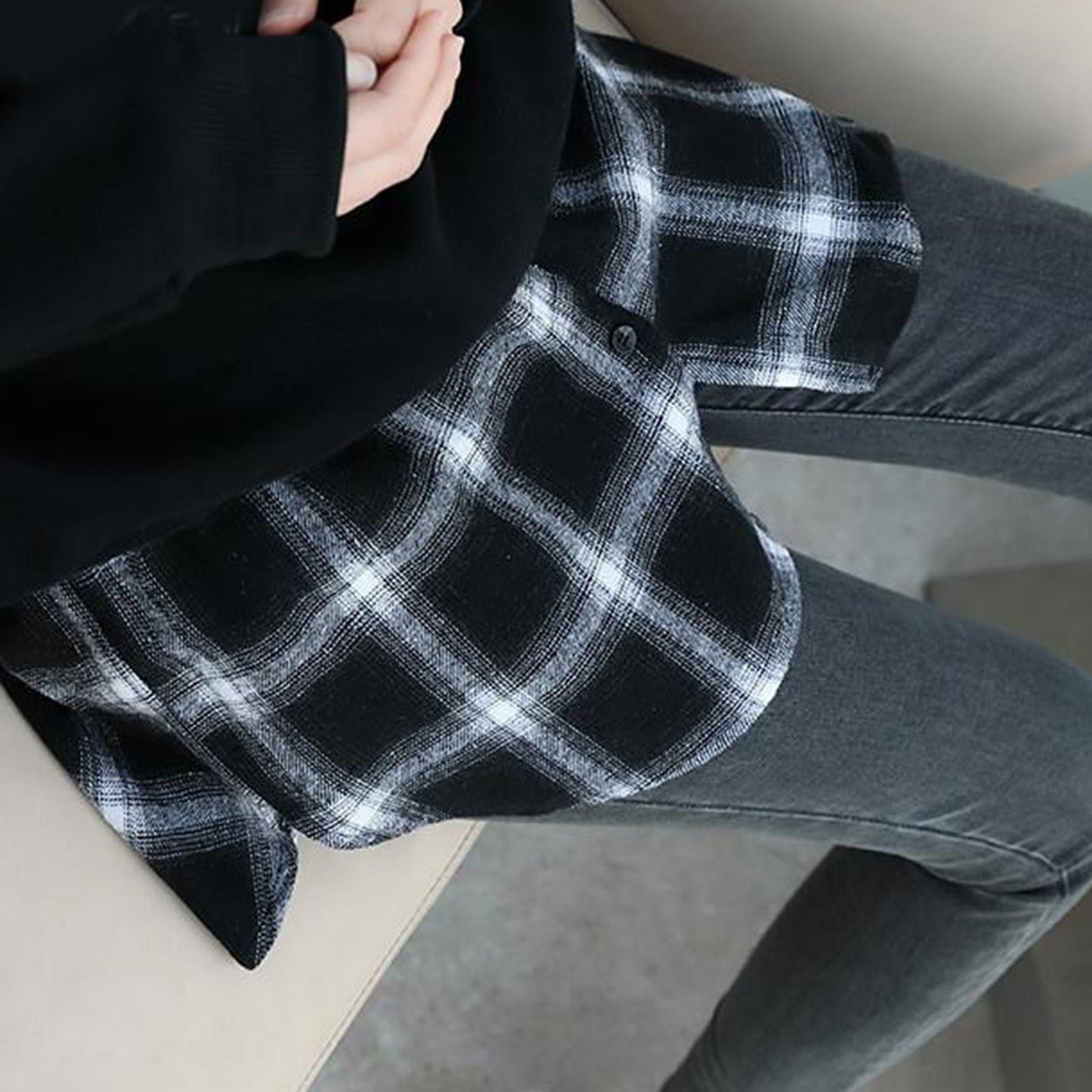 Plaid Half Skirt Girls T-Shirt Hoodies False Bottom Extender Down Black