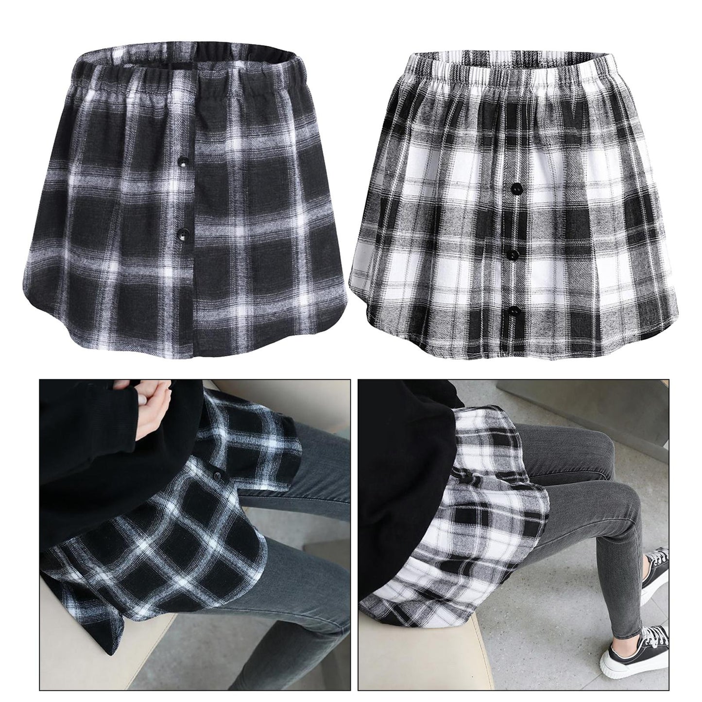 Plaid Half Skirt Girls T-Shirt Hoodies False Bottom Extender Down Black