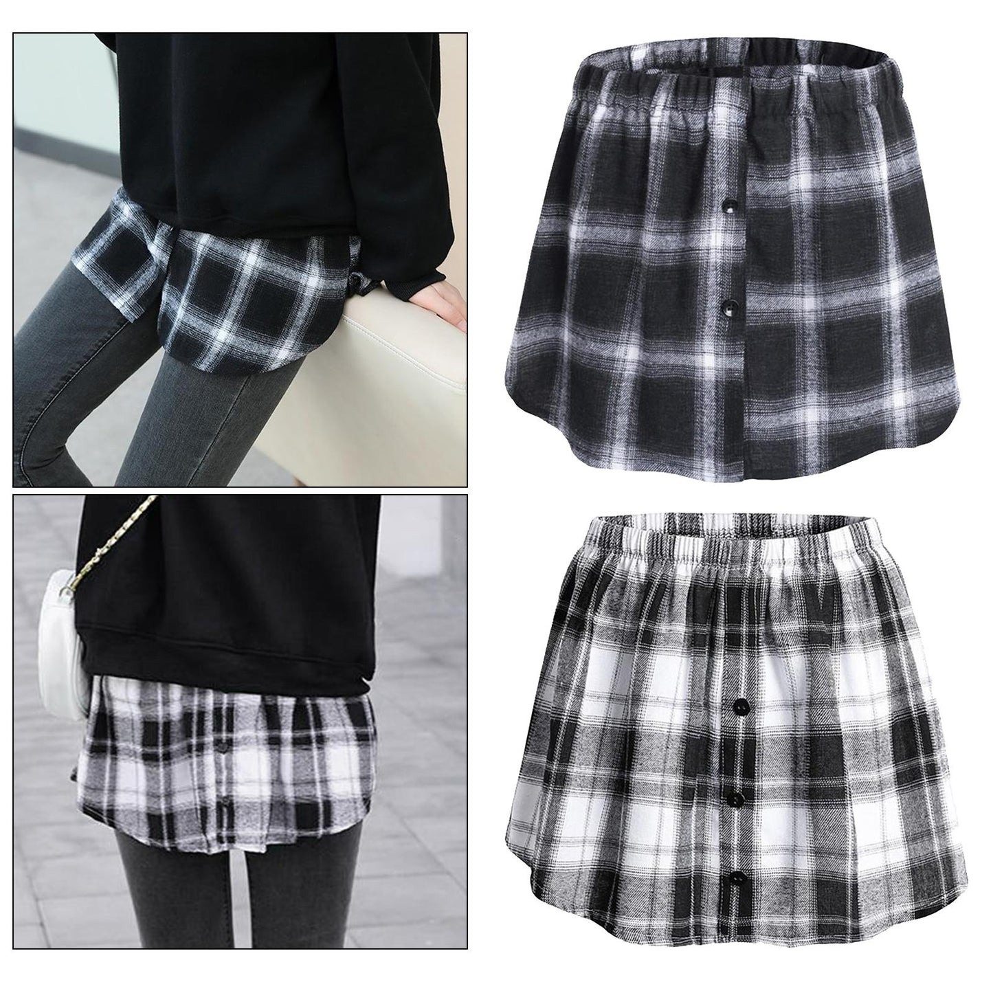 Plaid Half Skirt Girls T-Shirt Hoodies False Bottom Extender Down Black
