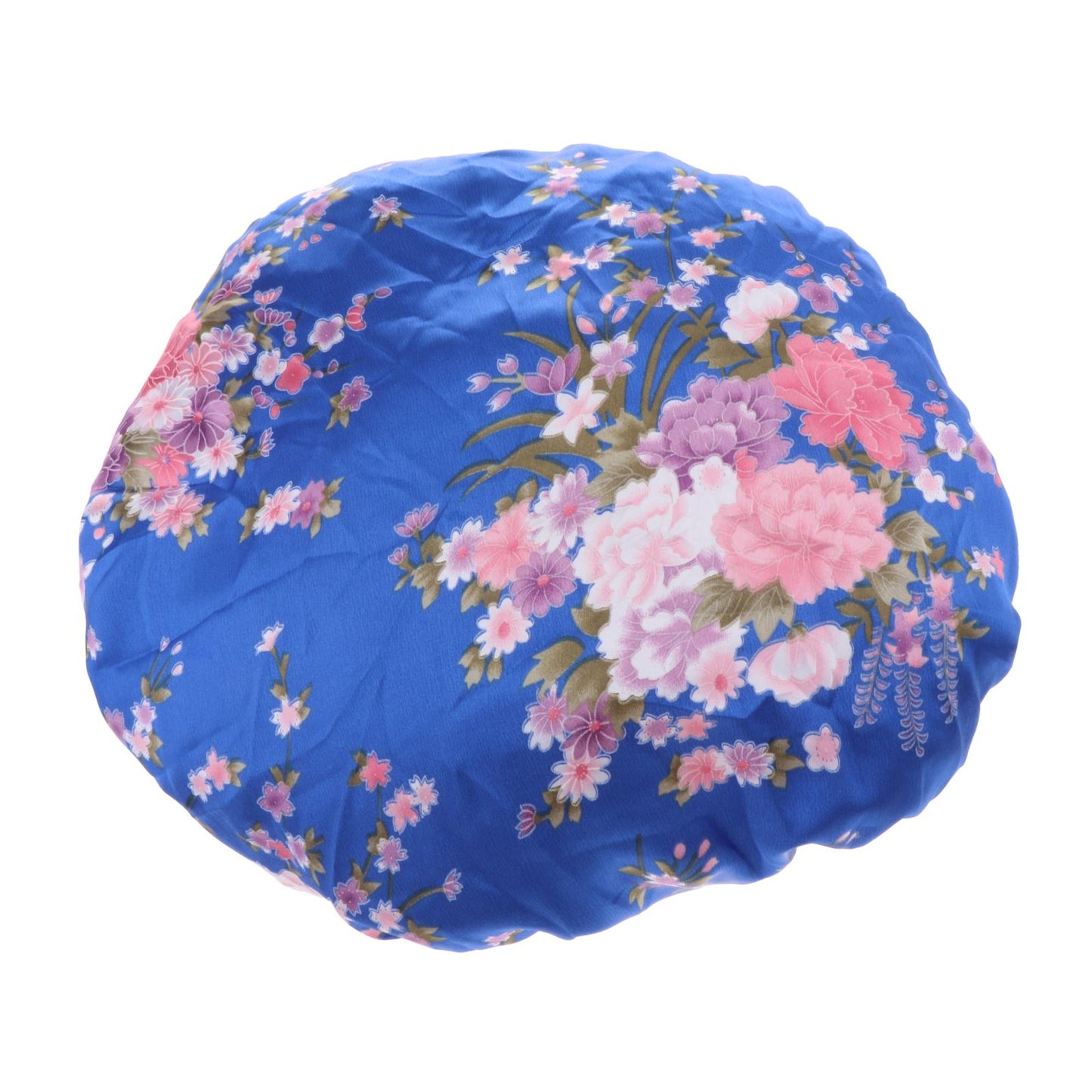 Satin Women Sleep Cap Night Wrap Elastic Sleeping Bonnet Pink Flower On Blue