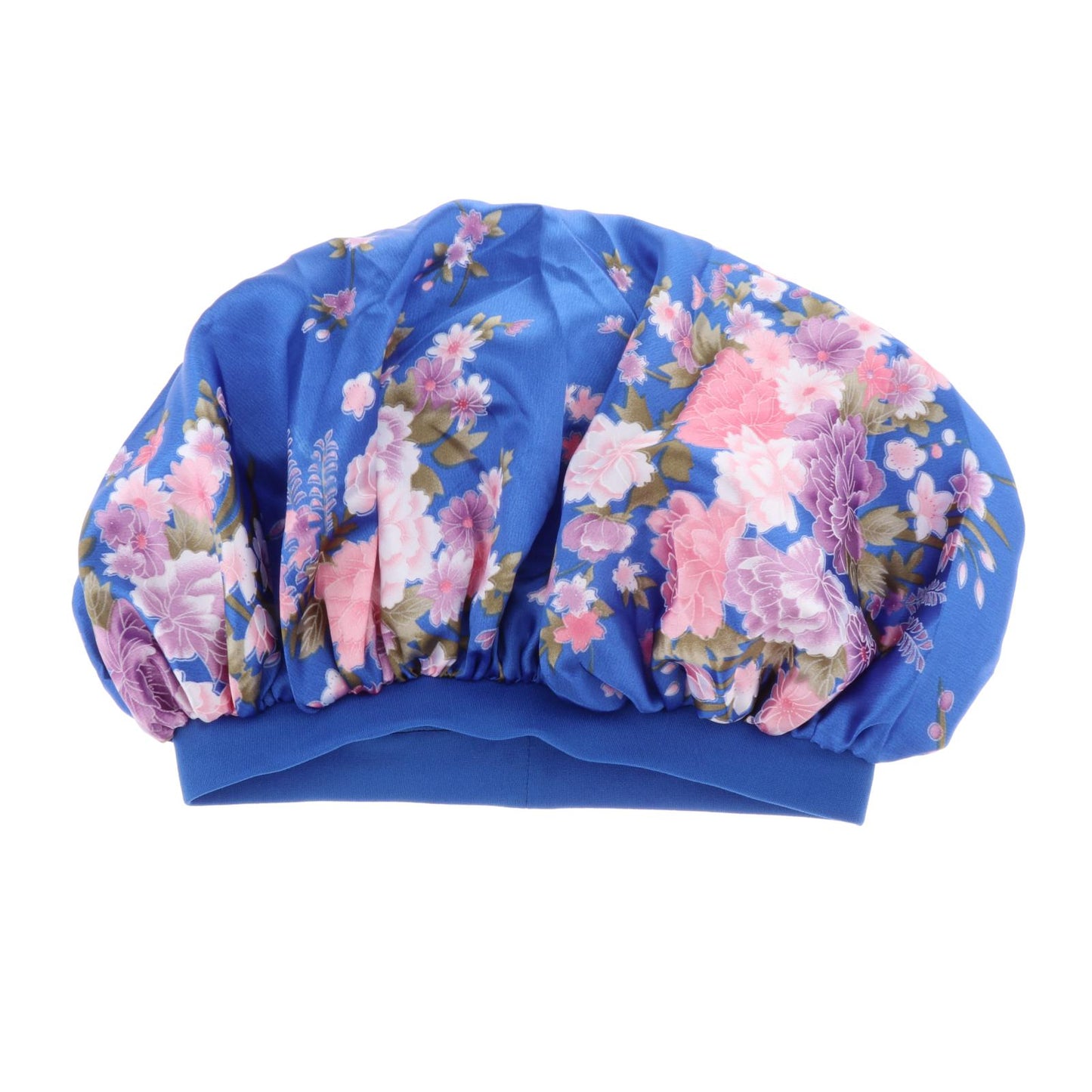 Satin Women Sleep Cap Night Wrap Elastic Sleeping Bonnet Pink Flower On Blue
