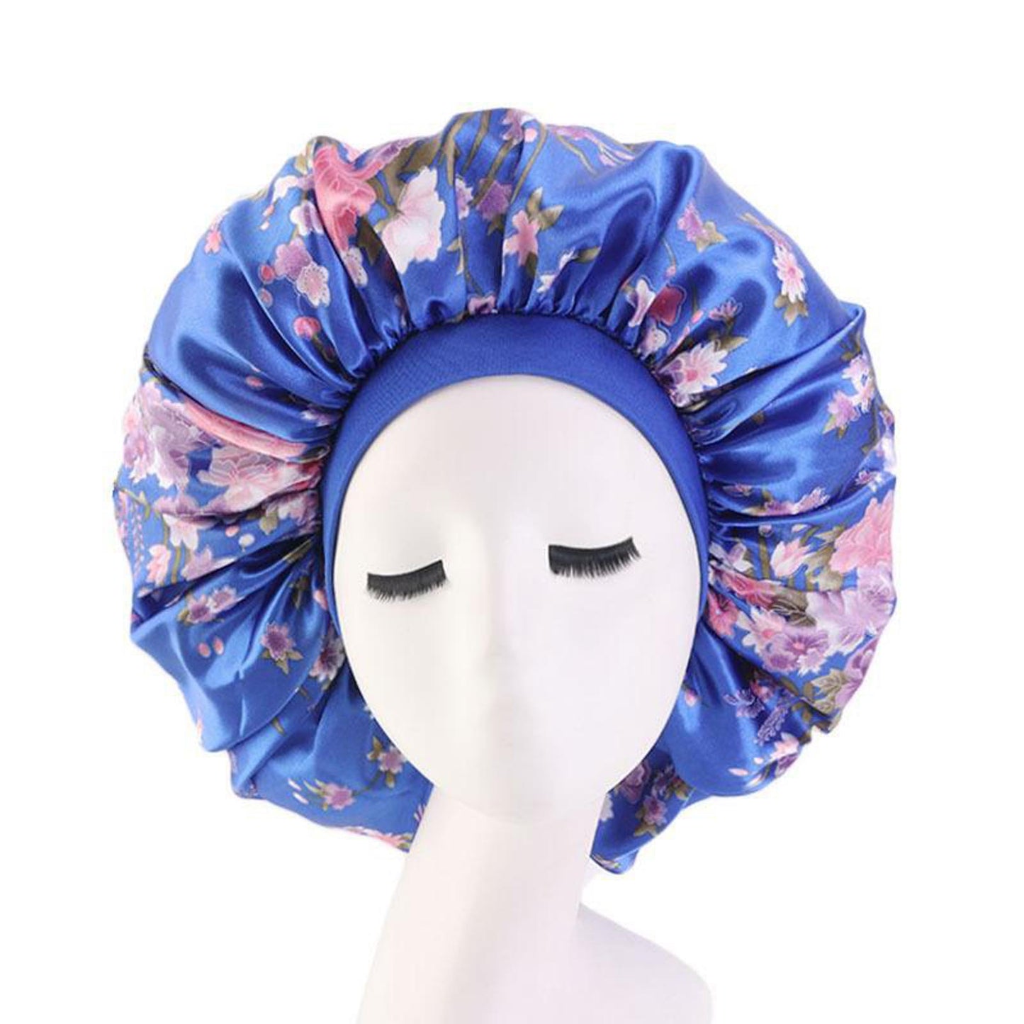 Satin Women Sleep Cap Night Wrap Elastic Sleeping Bonnet Pink Flower On Blue