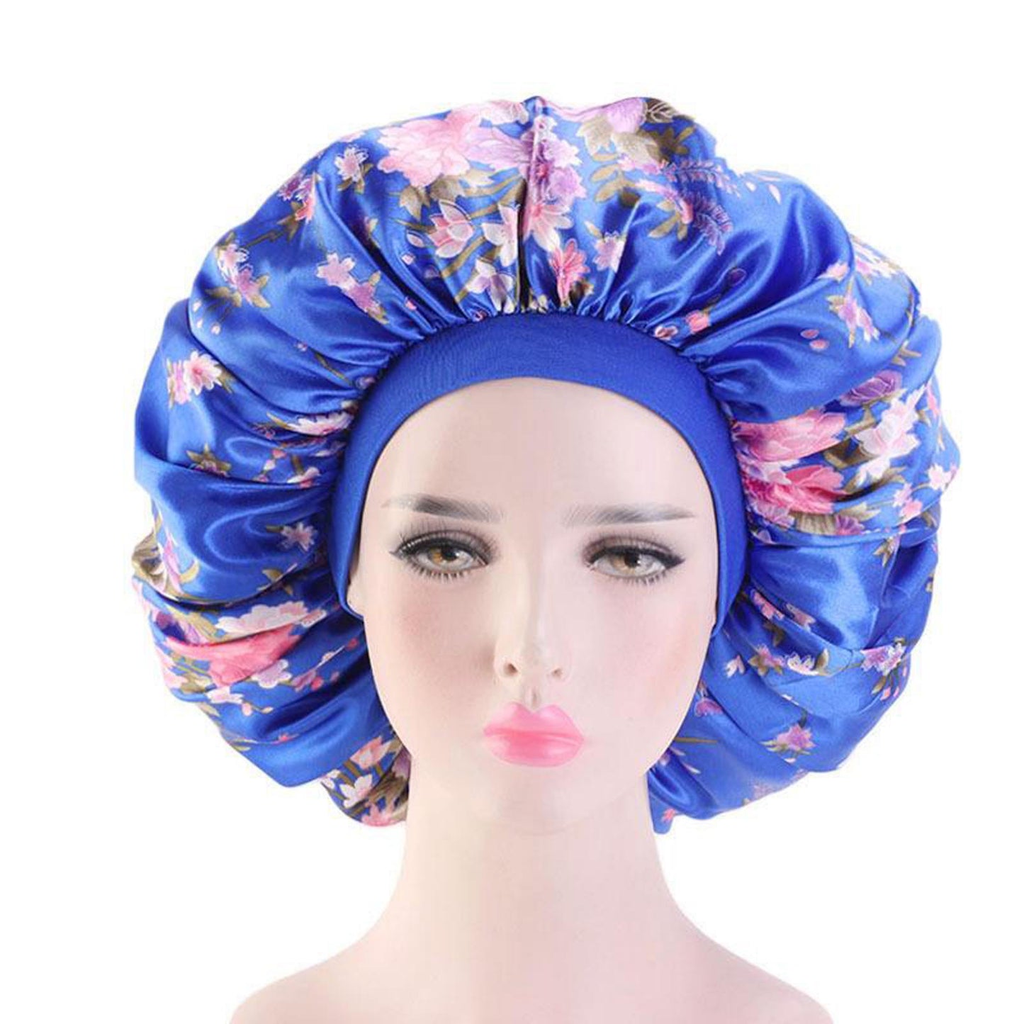 Satin Women Sleep Cap Night Wrap Elastic Sleeping Bonnet Pink Flower On Blue