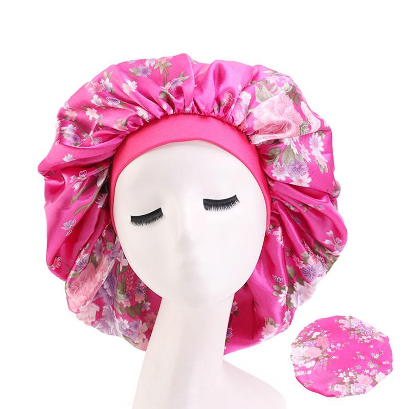 Satin Women Sleep Cap Night Wrap Elastic Sleeping Bonnet Rose Red