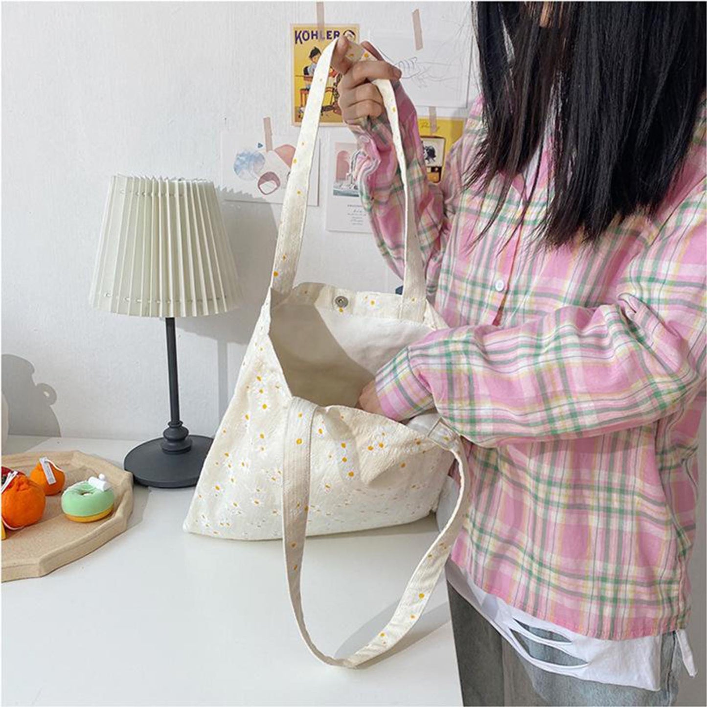 Shopping Shoulder Tote Shopper Bags Cotton Canvas Daisy Satchel Bag Style 2