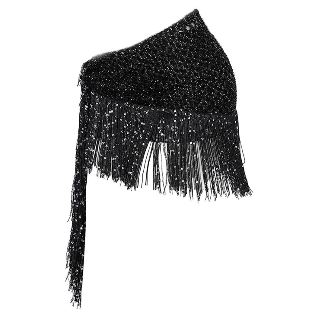 Women Belly Dance Hip Scarf Sequins Dance Belt Tassel Skirt Belt Black