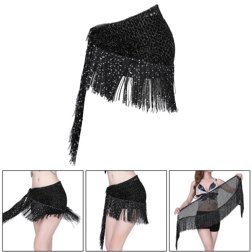 Women Belly Dance Hip Scarf Sequins Dance Belt Tassel Skirt Belt Black