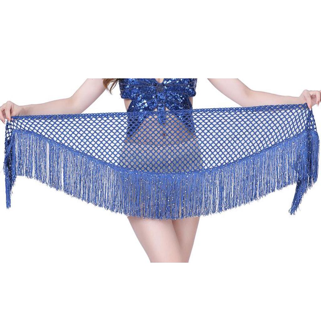 Women Belly Dance Hip Scarf Sequins Dance Belt Tassel Skirt Belt Royal Blue