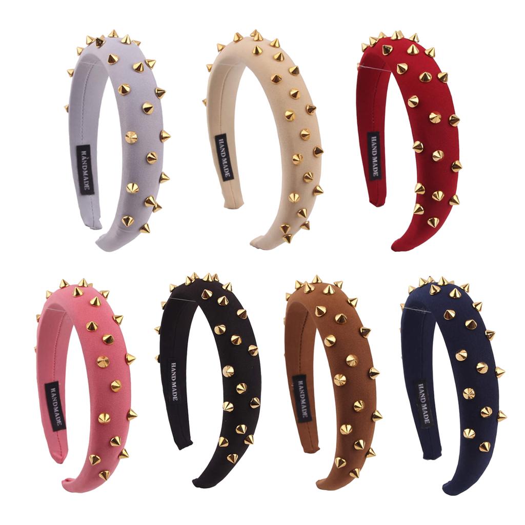 Women Punk Rivet Headband Sponge Headwear Wide Head Wrap Hair Bands Brown