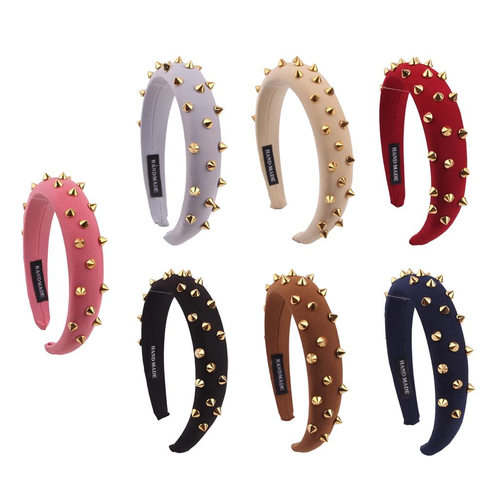 Women Punk Rivet Headband Sponge Headwear Wide Head Wrap Hair Bands Brown
