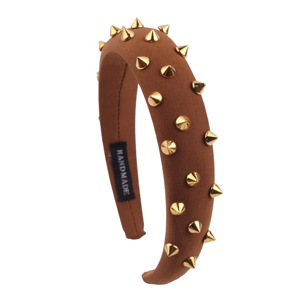 Women Punk Rivet Headband Sponge Headwear Wide Head Wrap Hair Bands Brown