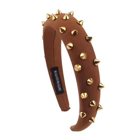 Women Punk Rivet Headband Sponge Headwear Wide Head Wrap Hair Bands Brown
