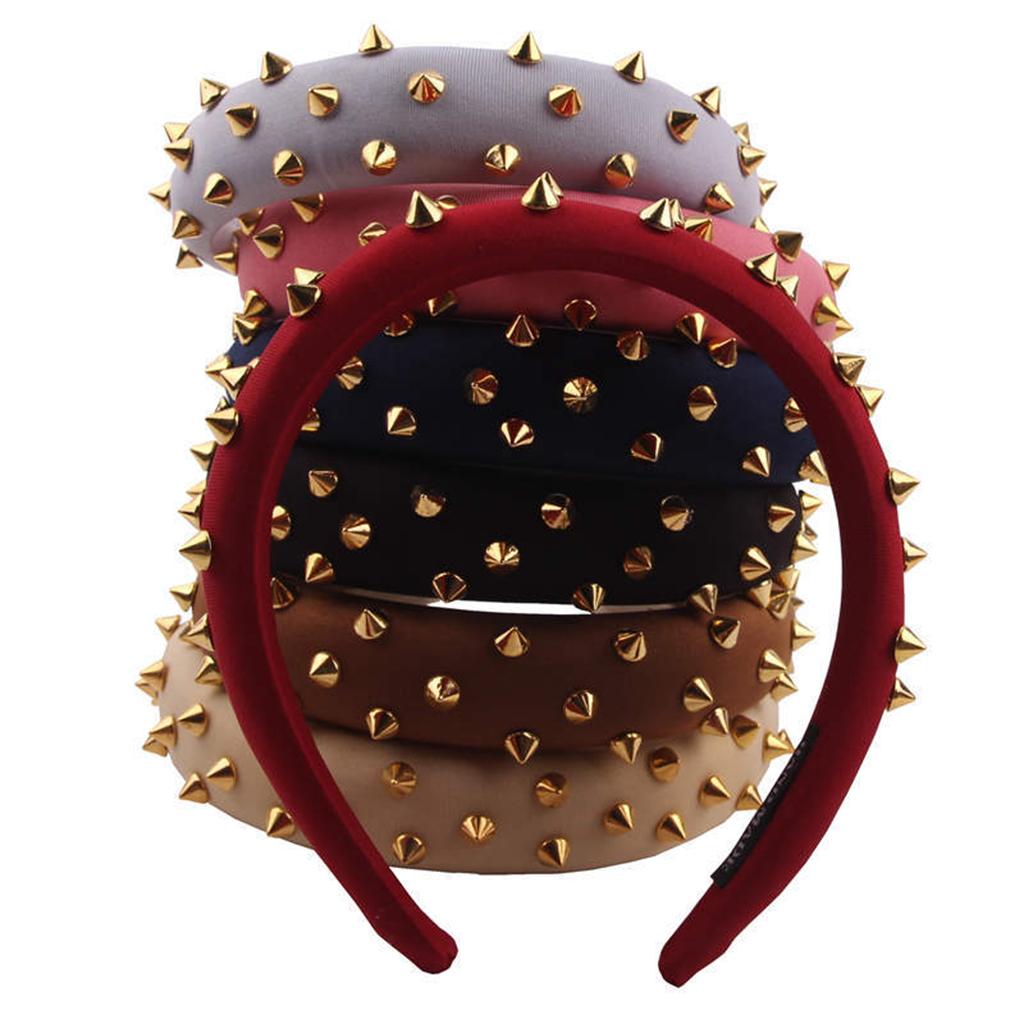 Women Punk Rivet Headband Sponge Headwear Wide Head Wrap Hair Bands Black