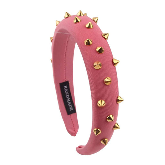 Women Punk Rivet Headband Sponge Headwear Wide Head Wrap Hair Bands Pink