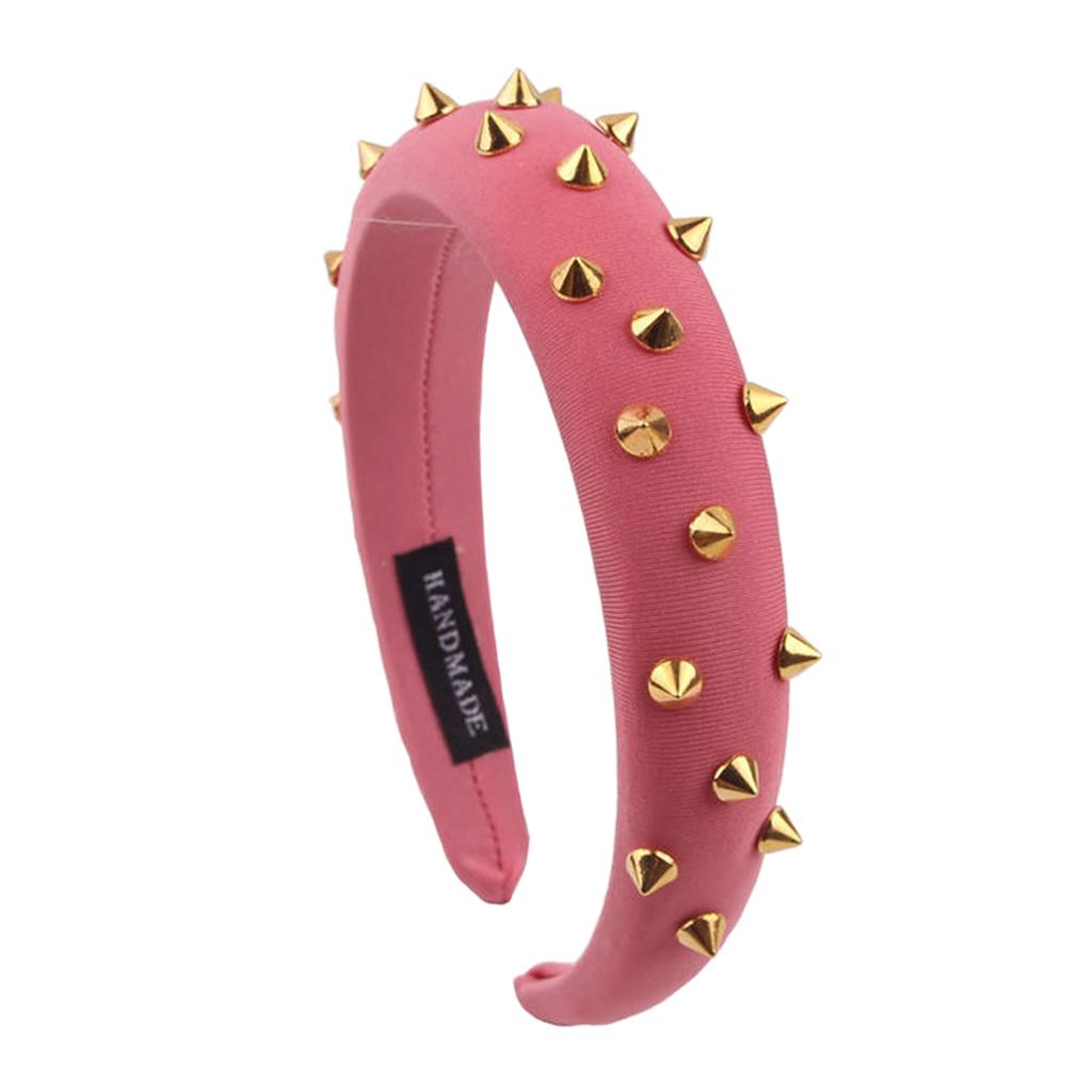 Women Punk Rivet Headband Sponge Headwear Wide Head Wrap Hair Bands Pink