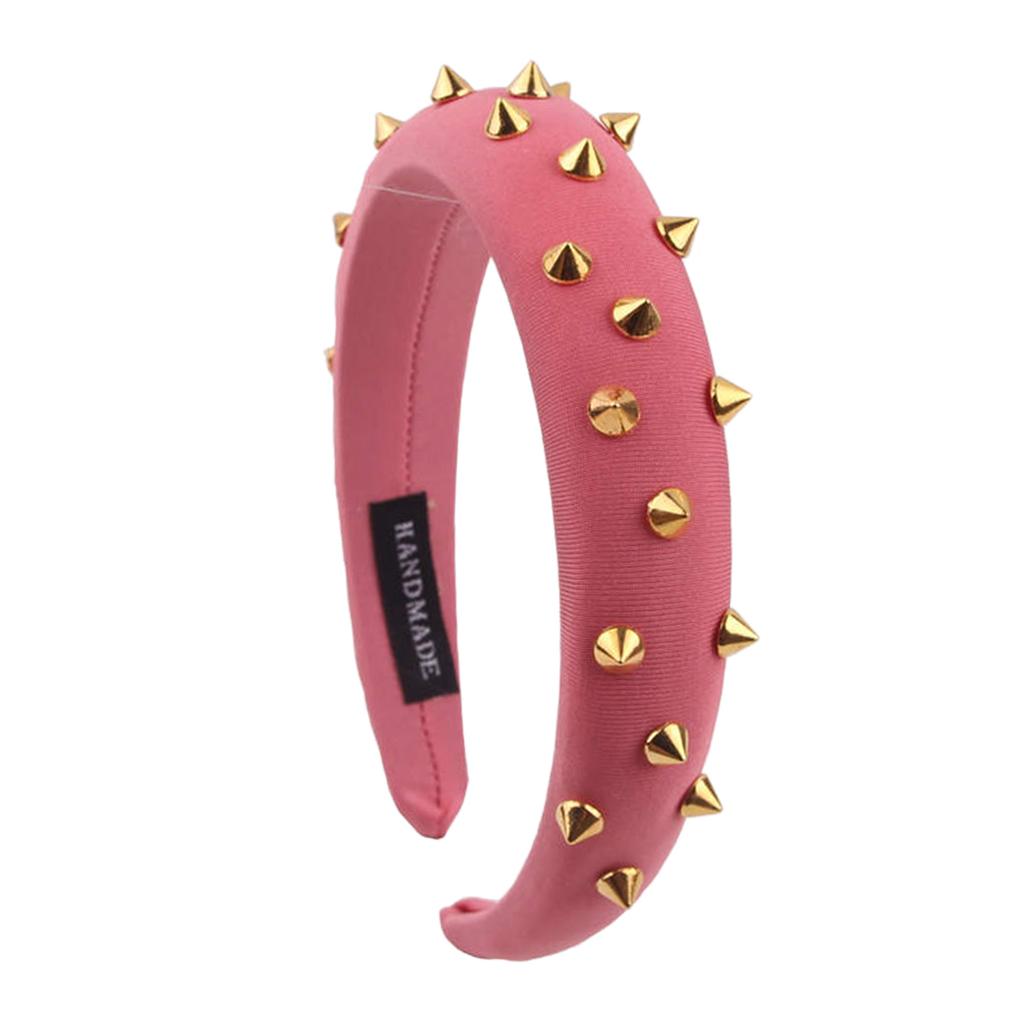 Women Punk Rivet Headband Sponge Headwear Wide Head Wrap Hair Bands Pink