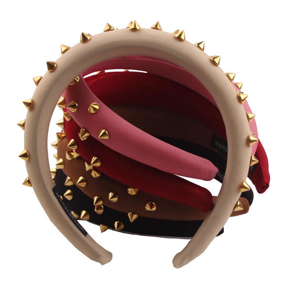 Women Punk Rivet Headband Sponge Headwear Wide Head Wrap Hair Bands Pink