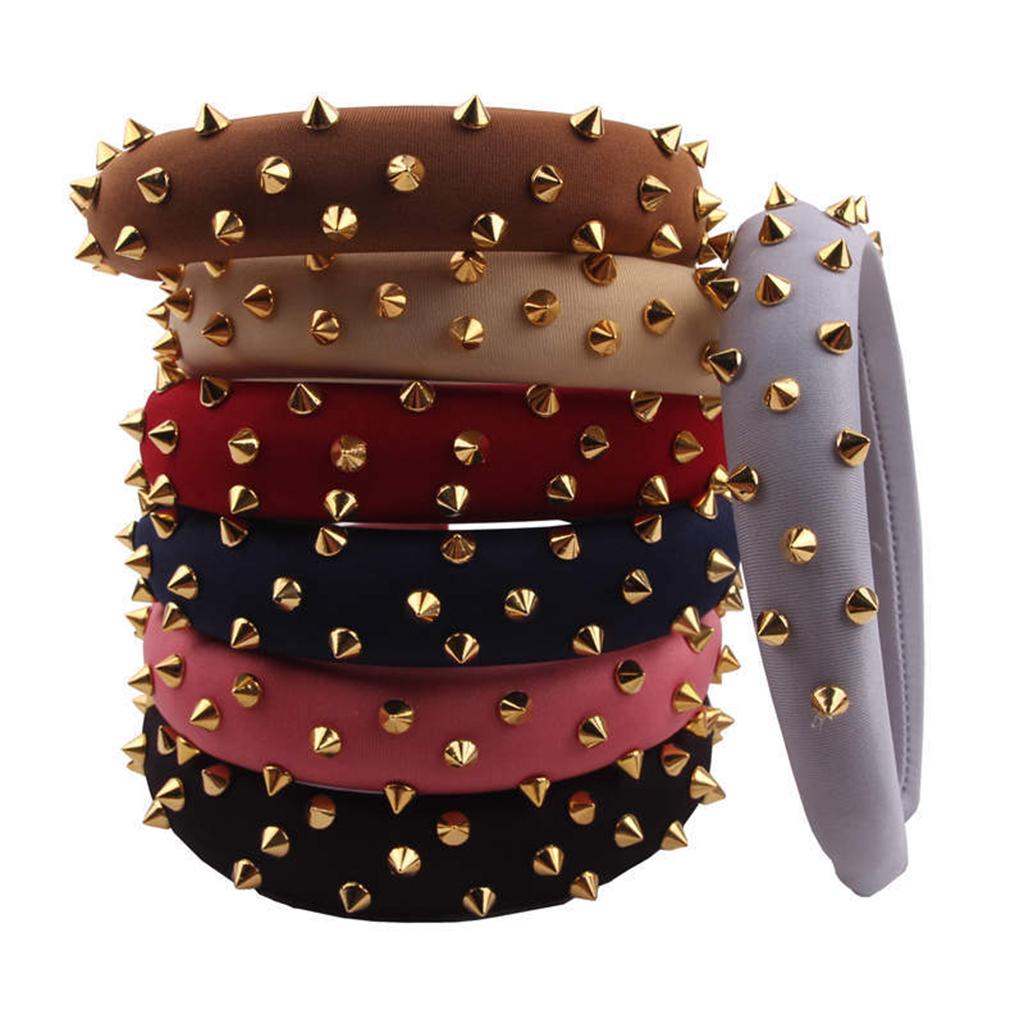 Women Punk Rivet Headband Sponge Headwear Wide Head Wrap Hair Bands Pink