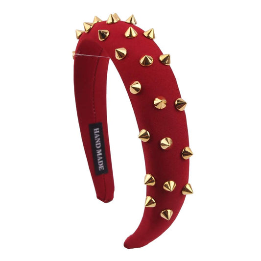 Women Punk Rivet Headband Sponge Headwear Wide Head Wrap Hair Bands Red