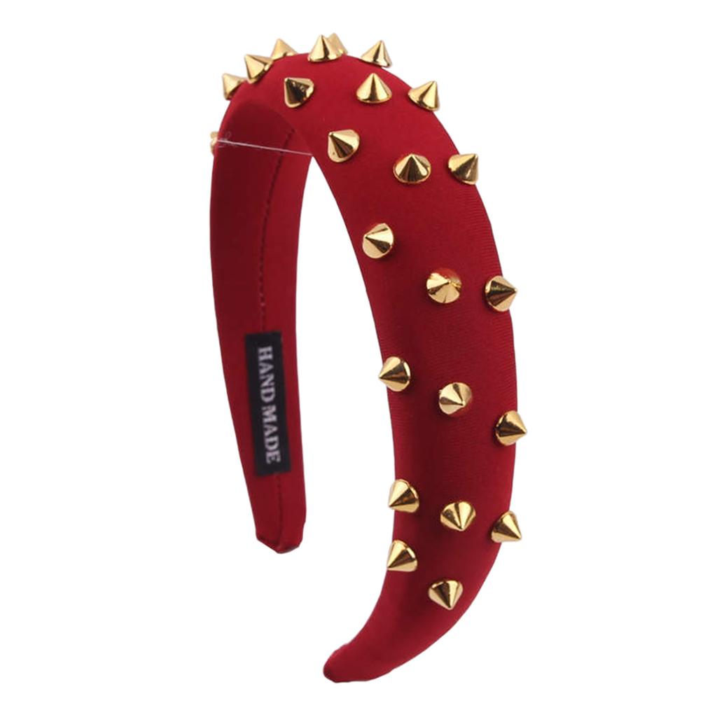 Women Punk Rivet Headband Sponge Headwear Wide Head Wrap Hair Bands Red
