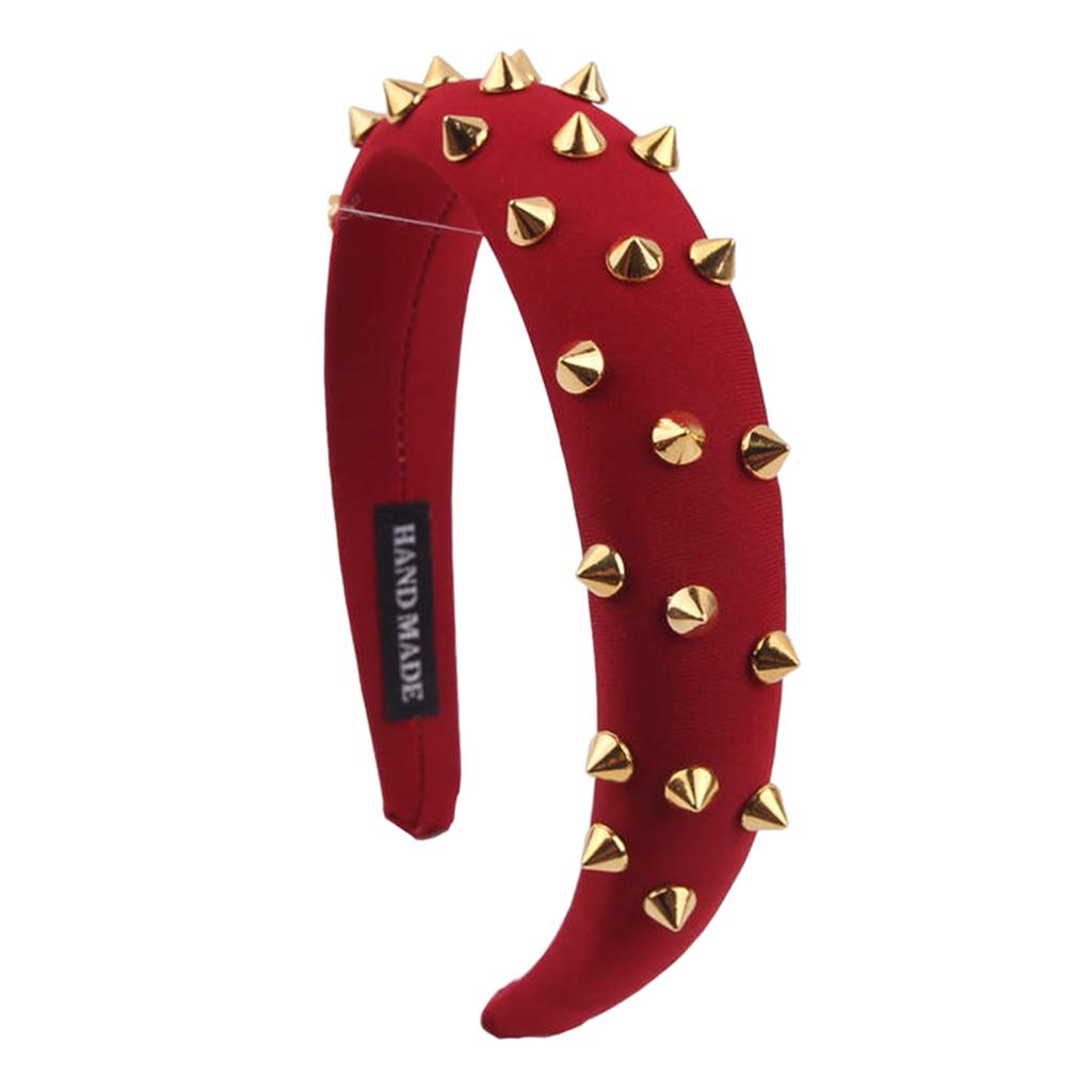 Women Punk Rivet Headband Sponge Headwear Wide Head Wrap Hair Bands Red