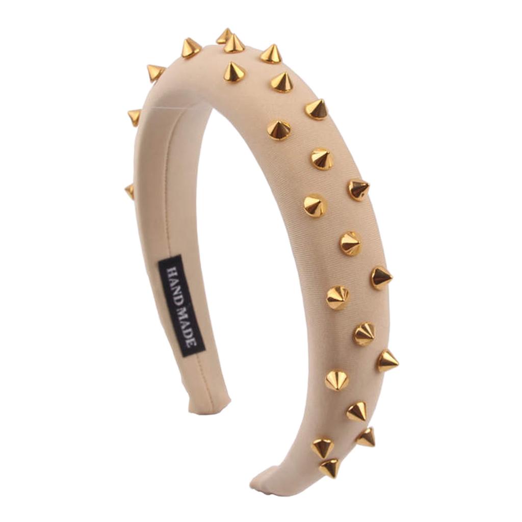 Women Punk Rivet Headband Sponge Headwear Wide Head Wrap Hair Bands Beige