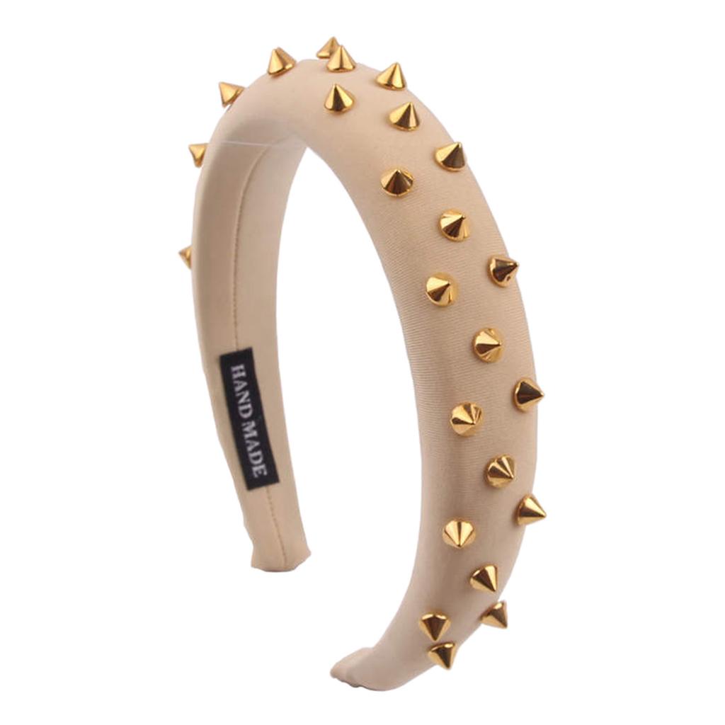Women Punk Rivet Headband Sponge Headwear Wide Head Wrap Hair Bands Beige