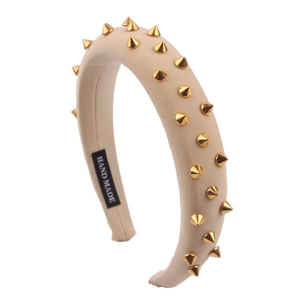 Women Punk Rivet Headband Sponge Headwear Wide Head Wrap Hair Bands Beige