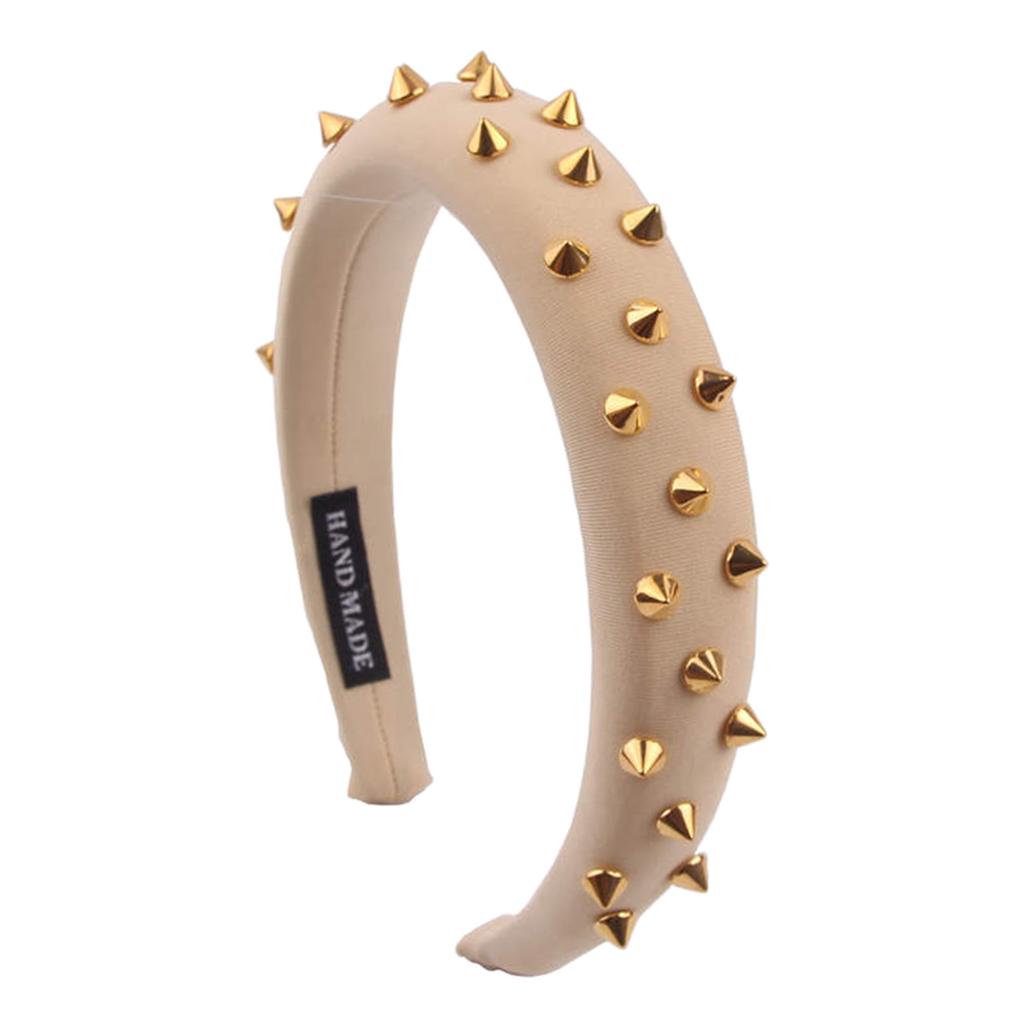 Women Punk Rivet Headband Sponge Headwear Wide Head Wrap Hair Bands Beige