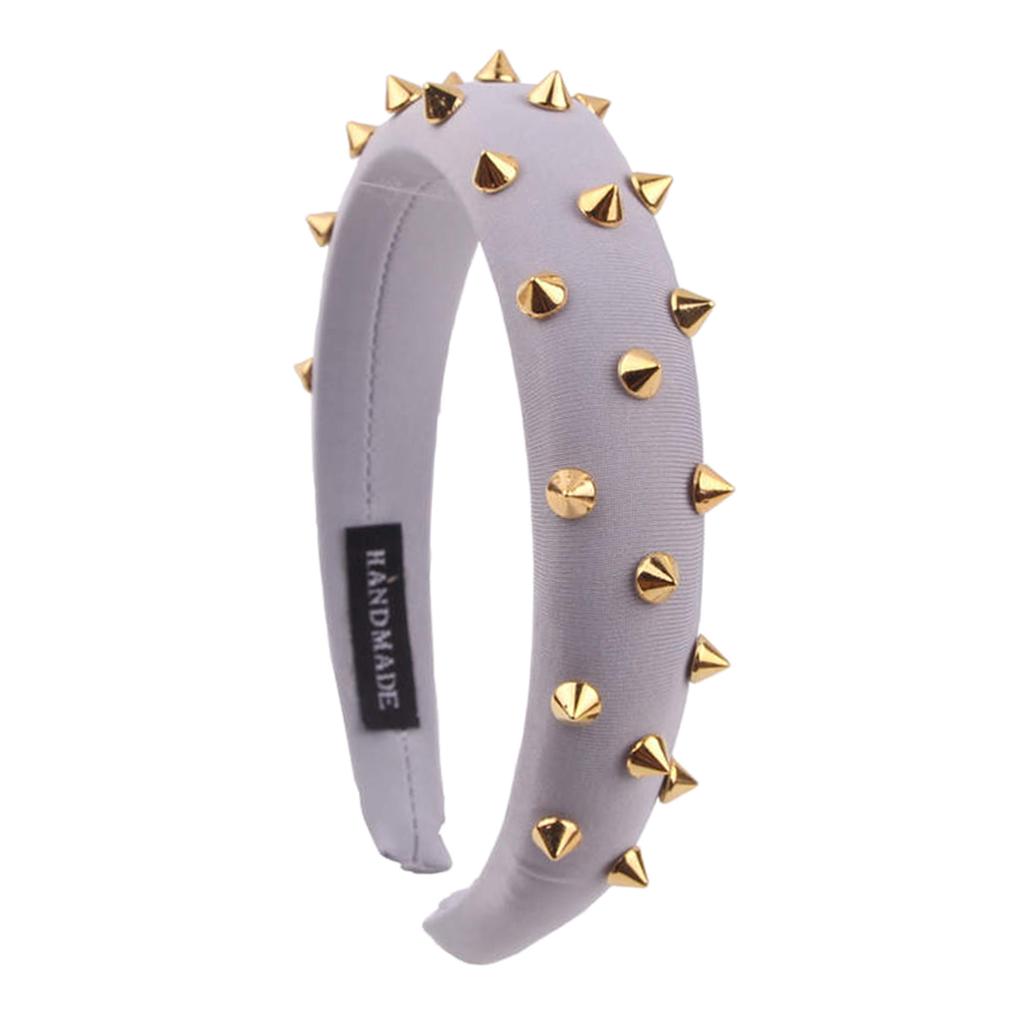 Women Punk Rivet Headband Sponge Headwear Wide Head Wrap Hair Bands Grey