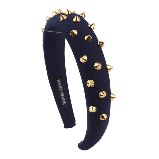 Women Punk Rivet Headband Sponge Headwear Wide Head Wrap Hair Bands Navy