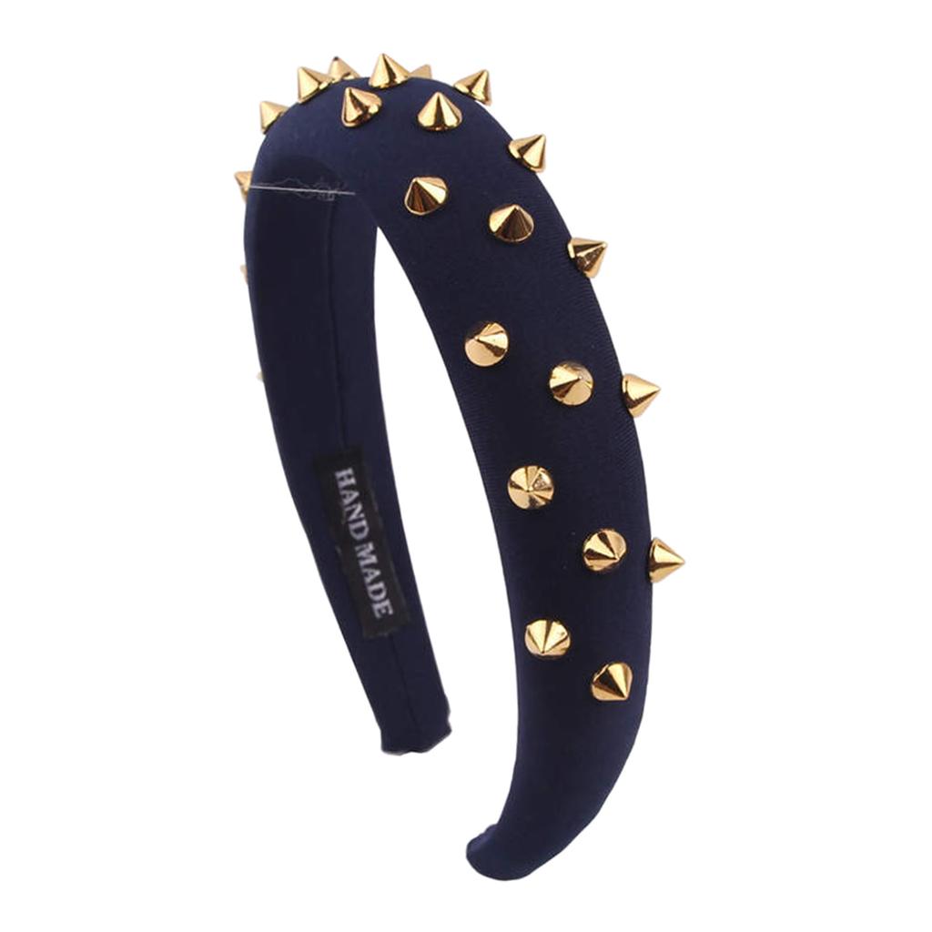 Women Punk Rivet Headband Sponge Headwear Wide Head Wrap Hair Bands Navy