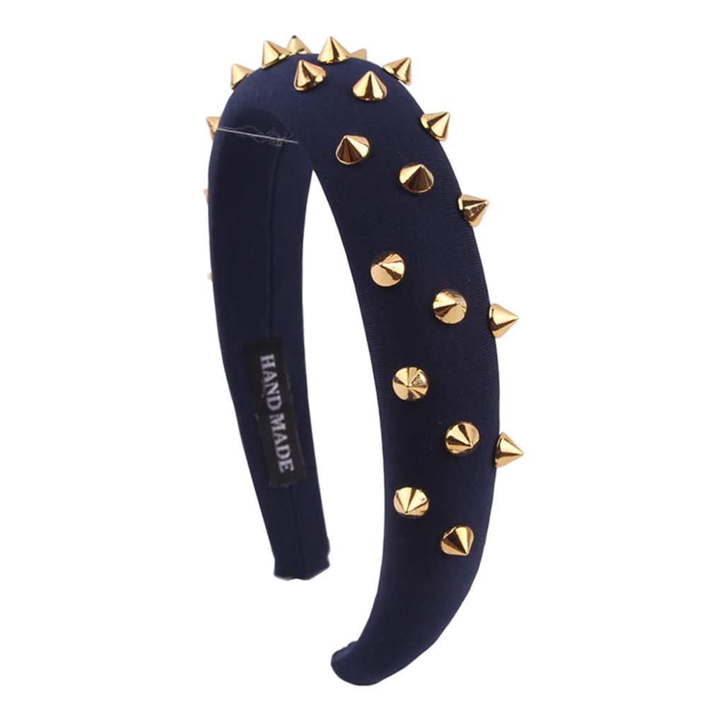 Women Punk Rivet Headband Sponge Headwear Wide Head Wrap Hair Bands Navy
