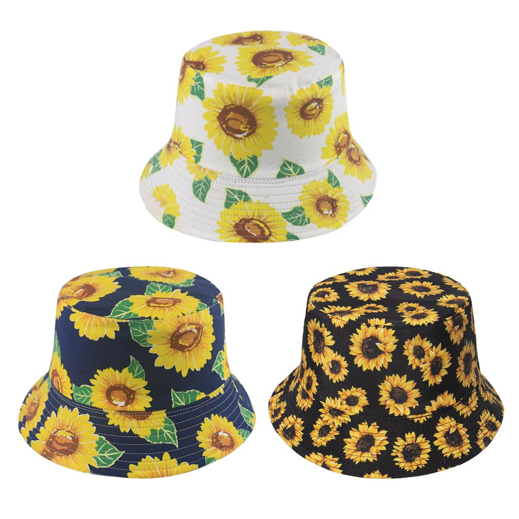 Outdoor Camping Bucket Hat Sunflower Print Hiking Fisherman Hats White