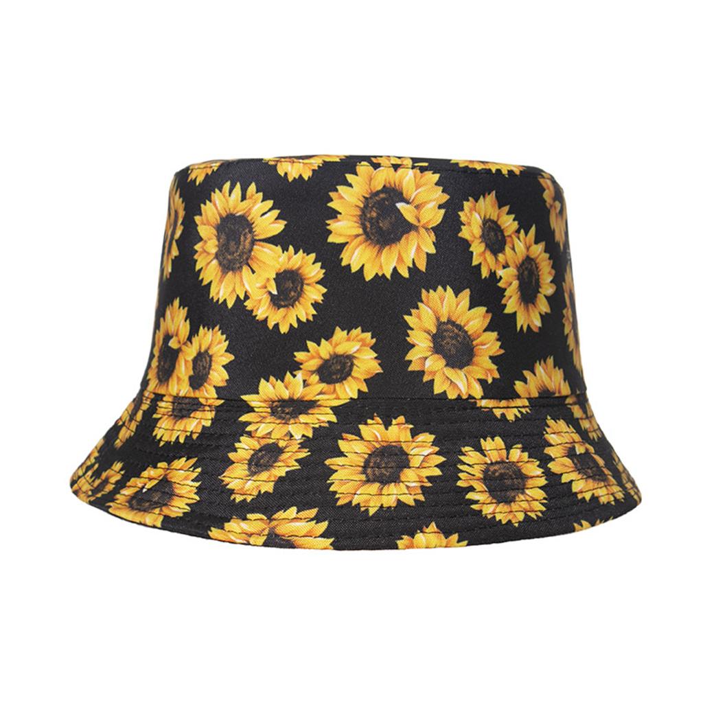 Outdoor Camping Bucket Hat Sunflower Print Hiking Fisherman Hats Black