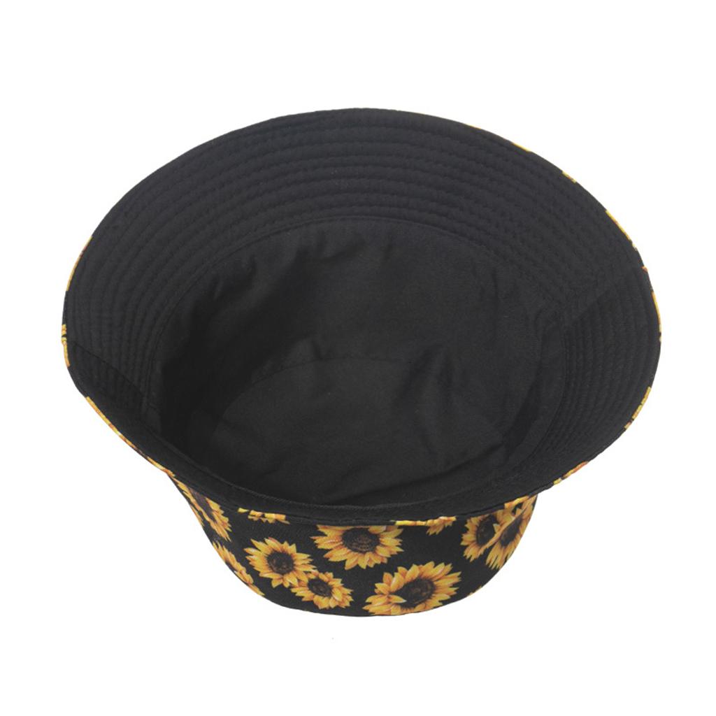 Outdoor Camping Bucket Hat Sunflower Print Hiking Fisherman Hats Black