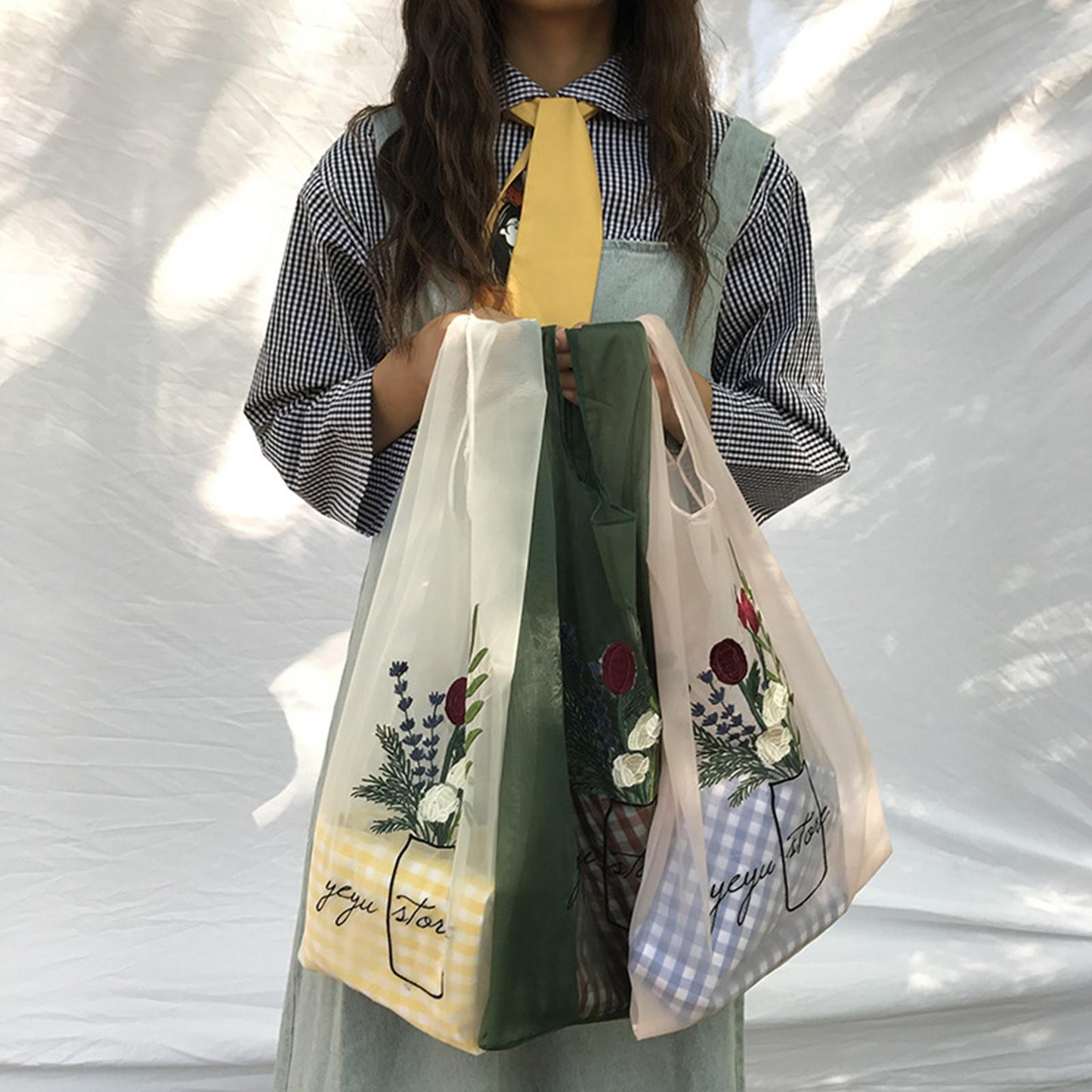 Reusable Shopping Bags Grocery Tote Bags Women Embroidery Handbag White