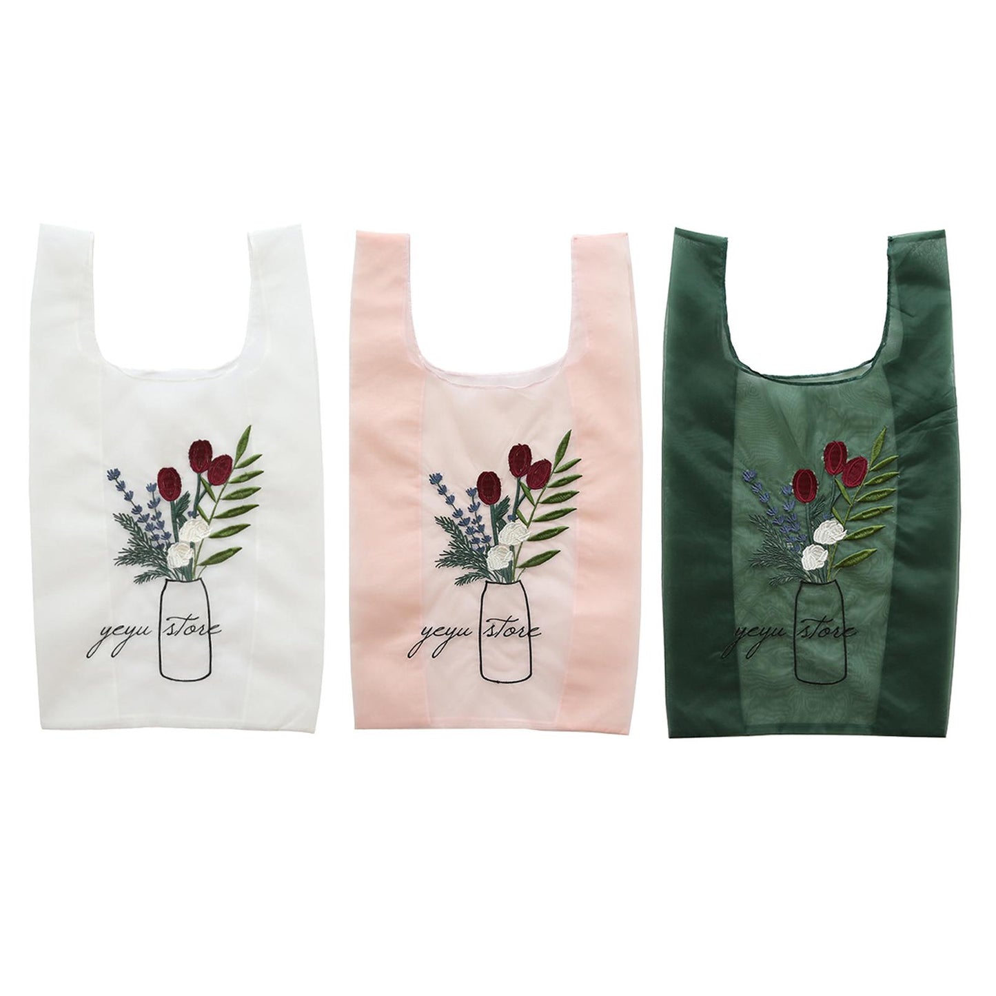Reusable Shopping Bags Grocery Tote Bags Women Embroidery Handbag White