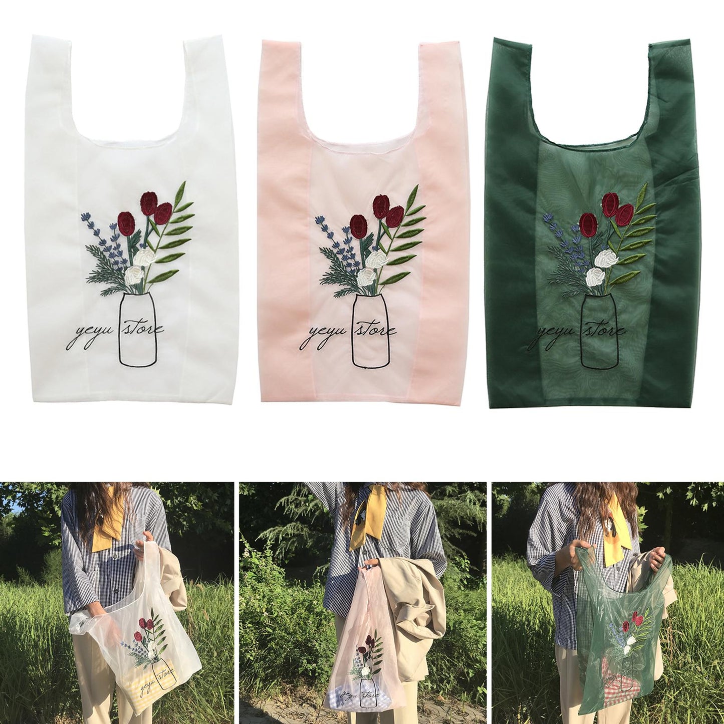Reusable Shopping Bags Grocery Tote Bags Women Embroidery Handbag White