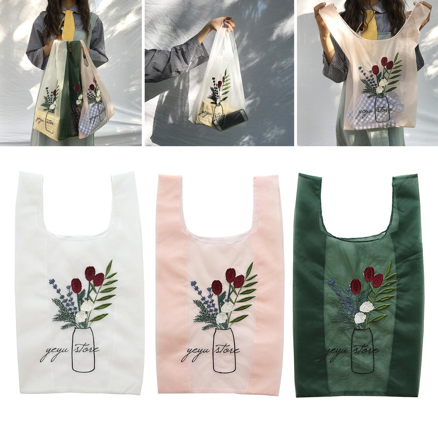 Reusable Shopping Bags Grocery Tote Bags Women Embroidery Handbag White