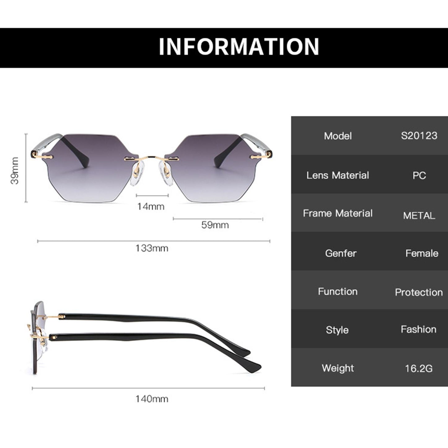 Rimless Sunglasses Girls UV Protective Sun Glasses Eyewear Gradient Gray