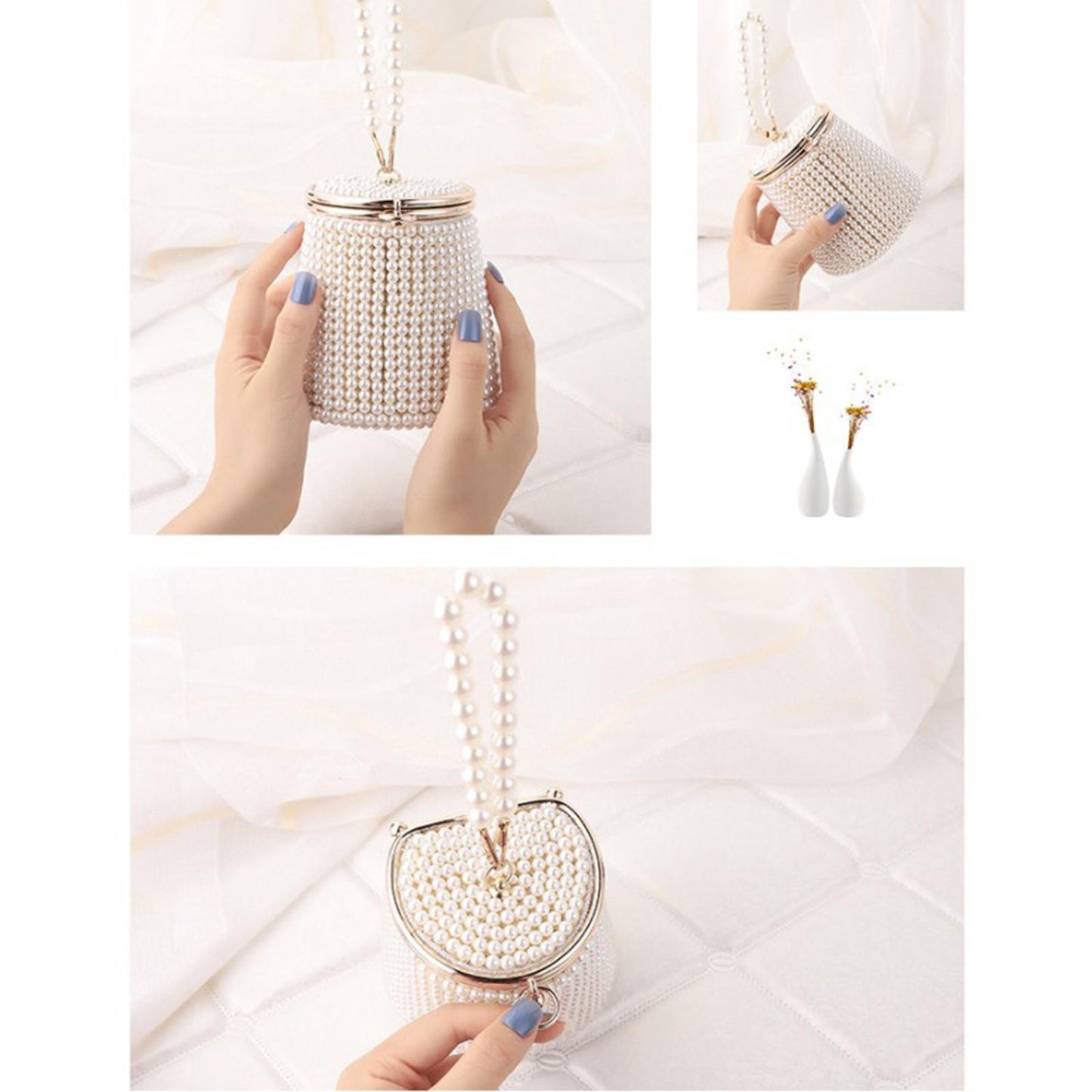 Natural Fashion Pearl Bucket Bag Tote Bag Pearled Purse for Evening Dinner