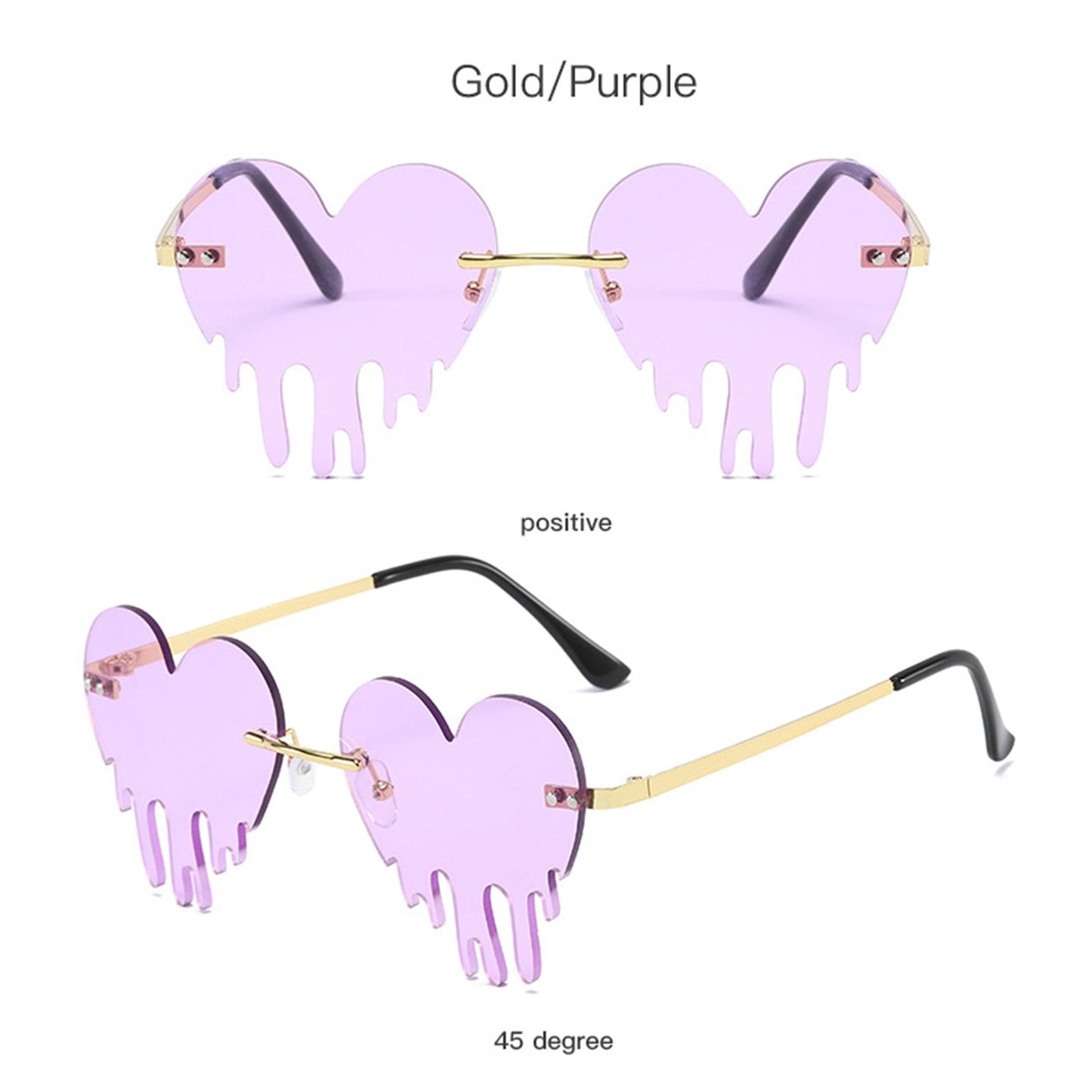 Fashion Dripping Heart Sun Glasses Personality Party Eye Glasses Frameless purple