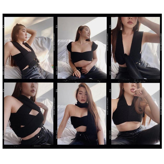Chic Women Knitted Bandage Self Tie Tank Top Sleeveless Vest DIY Wear Black