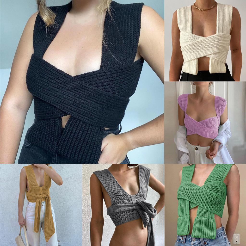 Chic Women Knitted Bandage Self Tie Tank Top Sleeveless Vest DIY Wear Black