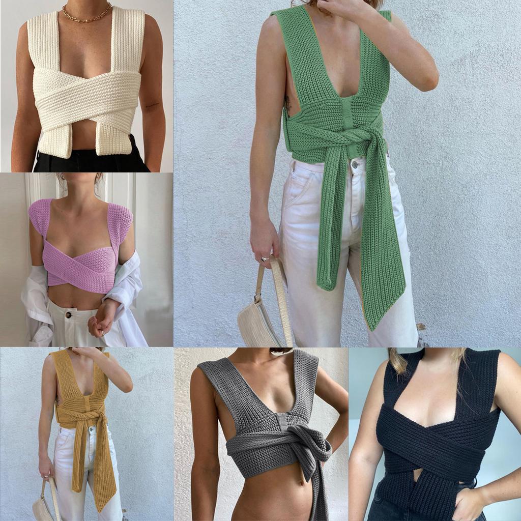 Chic Women Knitted Bandage Self Tie Tank Top Sleeveless Vest DIY Wear Black