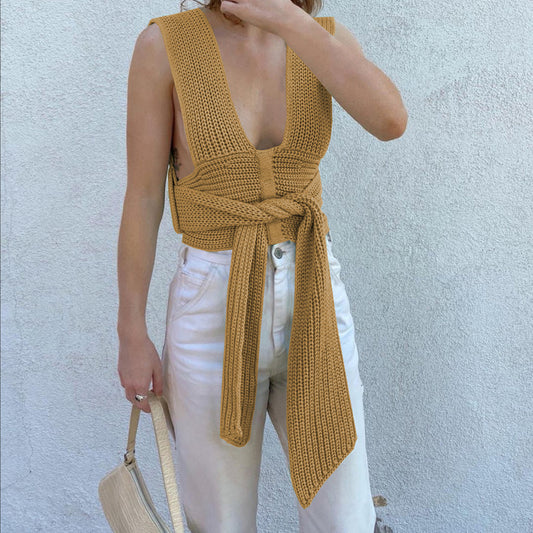 Chic Women Knitted Bandage Self Tie Tank Top Sleeveless Vest DIY Wear Brown